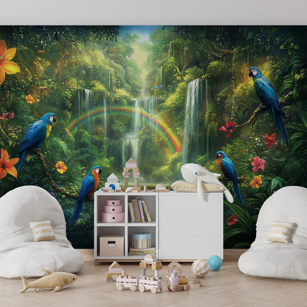 Kids-Mundo macaw and waterfall mural styled on a bright kids bedroom wall with a soft rainbow.