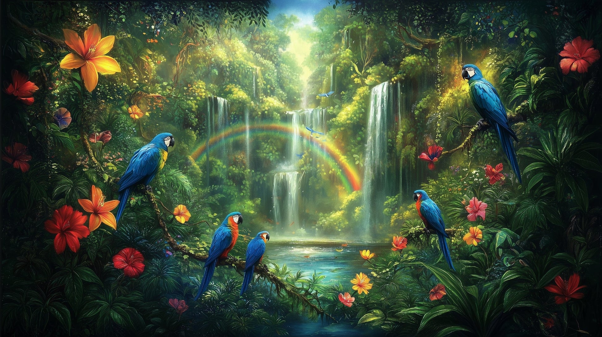 Kids-Mundo flat artwork of macaws, waterfalls and a rainbow in a lush tropical jungle scene.