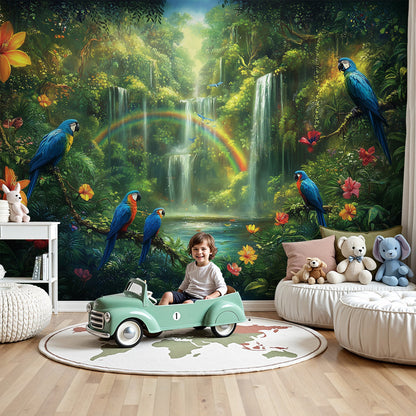 Kids-Mundo macaw and rainbow jungle wall mural made to measure for a vivid nursery feature wall.