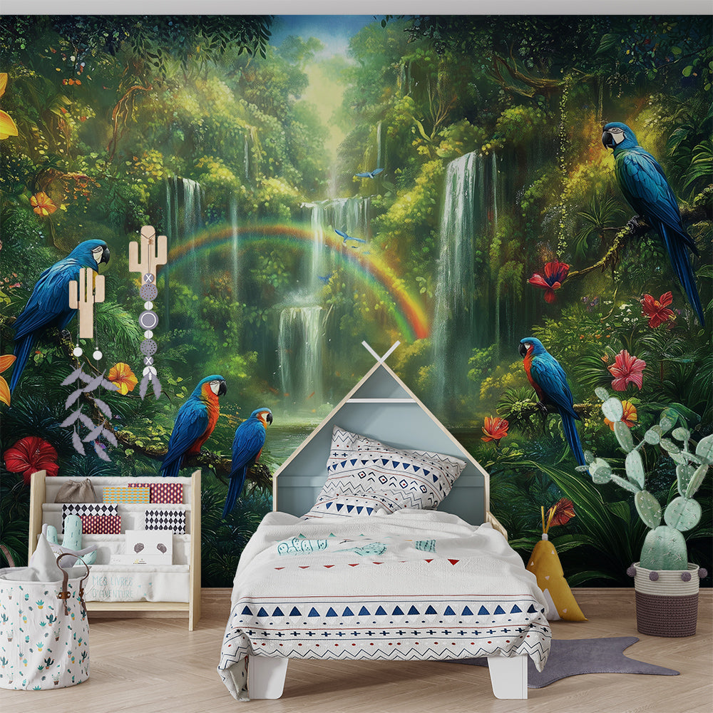 Kids-Mundo rainbow jungle wall mural with macaws and waterfalls brightening a playroom.