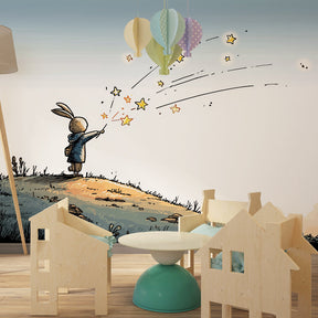 Whimsical rabbit magician wallpaper transforming children's bedroom into magical space