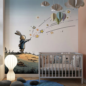 Star-themed rabbit mural wallpaper creating enchanting kids room decor with sparkling details