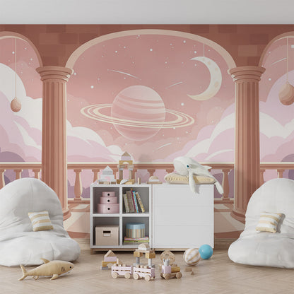 Kids-Mundo pastel balcony wall mural with planet view styled in a kids bedroom