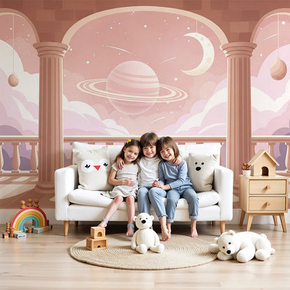 Kids-Mundo magical balcony and ringed planet wall mural in a soft pink baby nursery