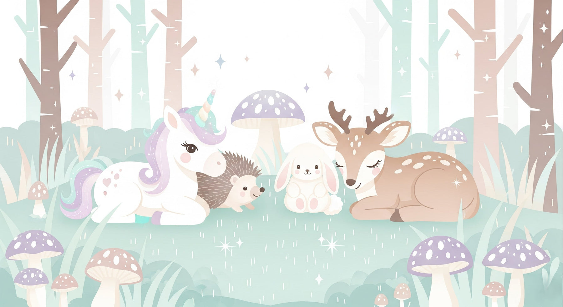 Detailed magical forest mural wallpaper design pattern with unicorn and woodland animals by Kids-Mundo