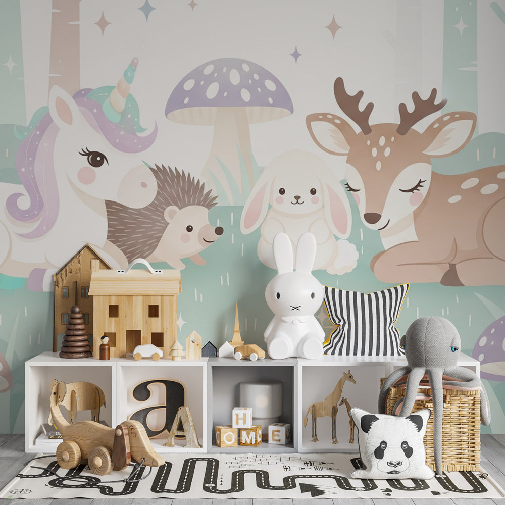 Enchanted forest wallpaper featuring unicorn and woodland creatures in children's bedroom