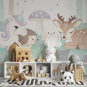 Enchanted forest wallpaper featuring unicorn and woodland creatures in children's bedroom