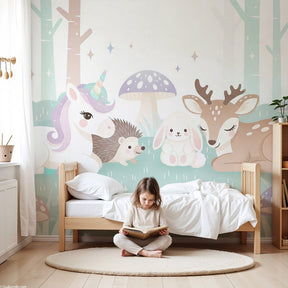 Magical forest mural wallpaper with woodland animals in cozy nursery setting by Kids-Mundo
