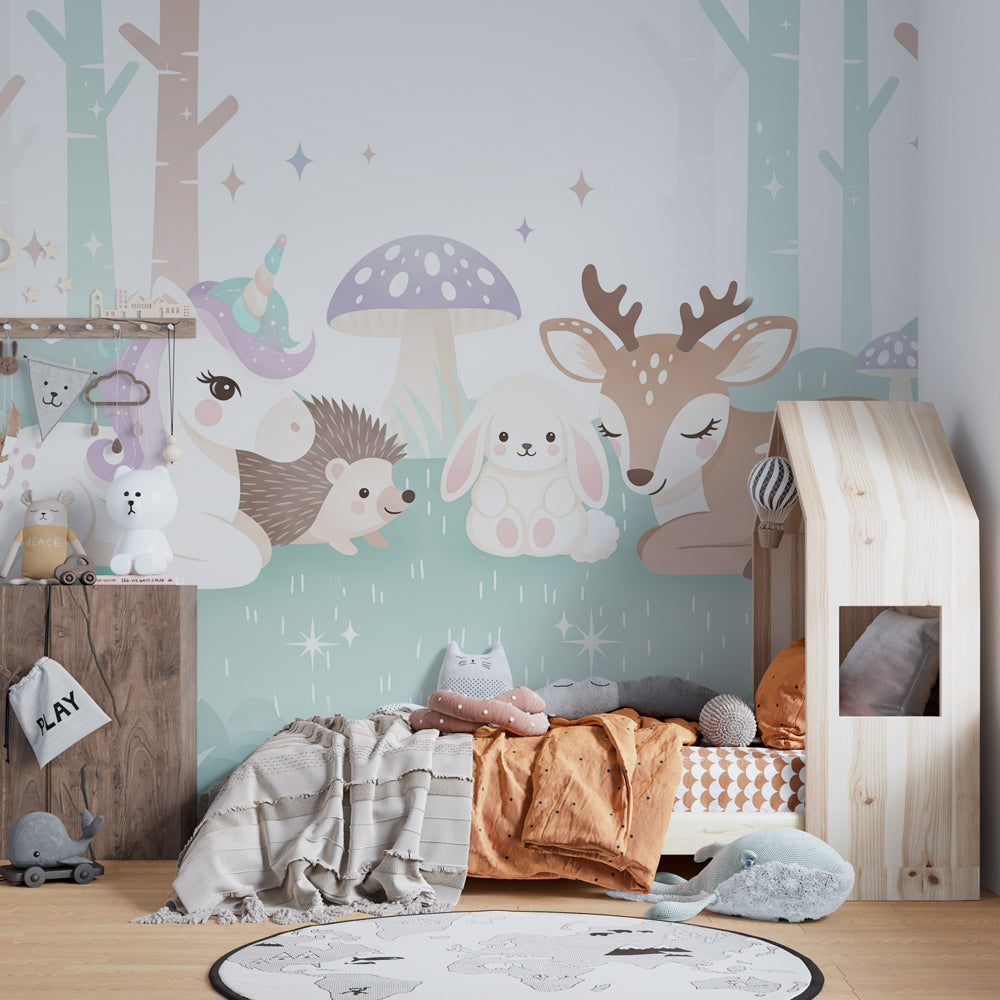 Cute animal forest wallpaper creating magical atmosphere in kids playroom decor