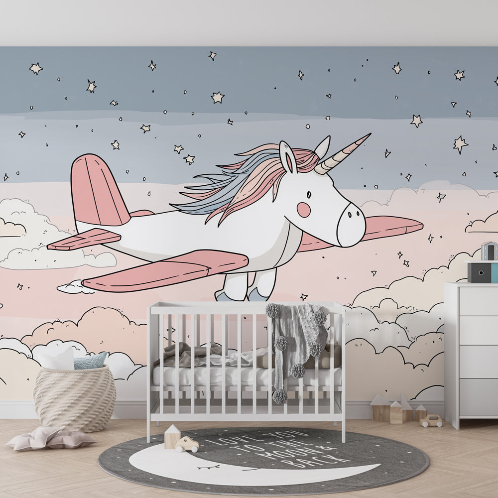 Magical unicorn mural wallpaper transforming kids playroom with celestial adventure theme