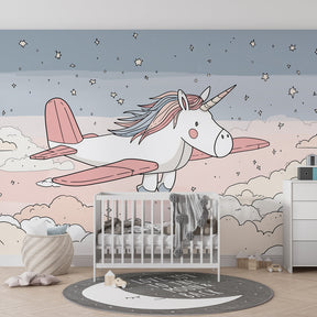 Magical unicorn mural wallpaper transforming kids playroom with celestial adventure theme