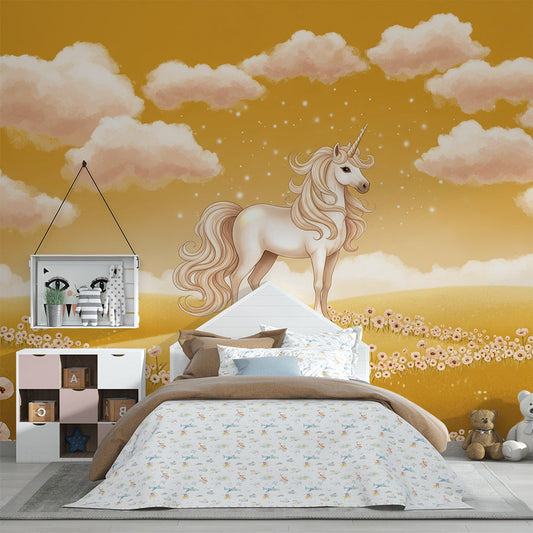 Kids-Mundo unicorn wall mural in a kids' bedroom with a golden meadow and starry sky