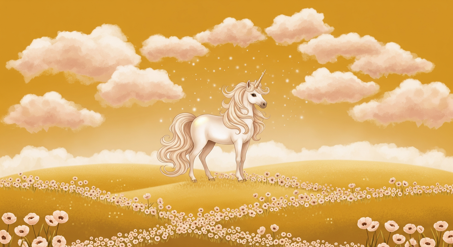 Kids-Mundo flat artwork of a majestic unicorn on a golden hill wall mural design