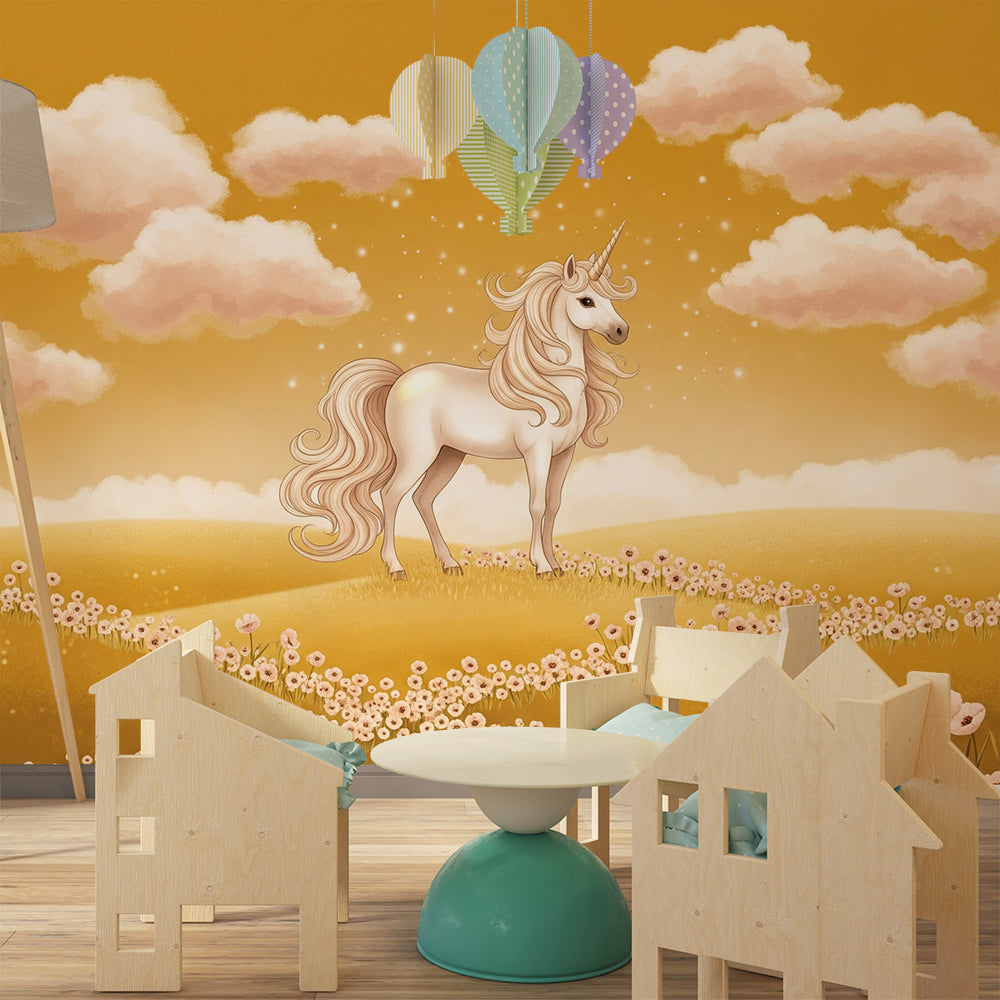 Kids-Mundo unicorn wallpaper mural brightening a playroom with a golden meadow scene