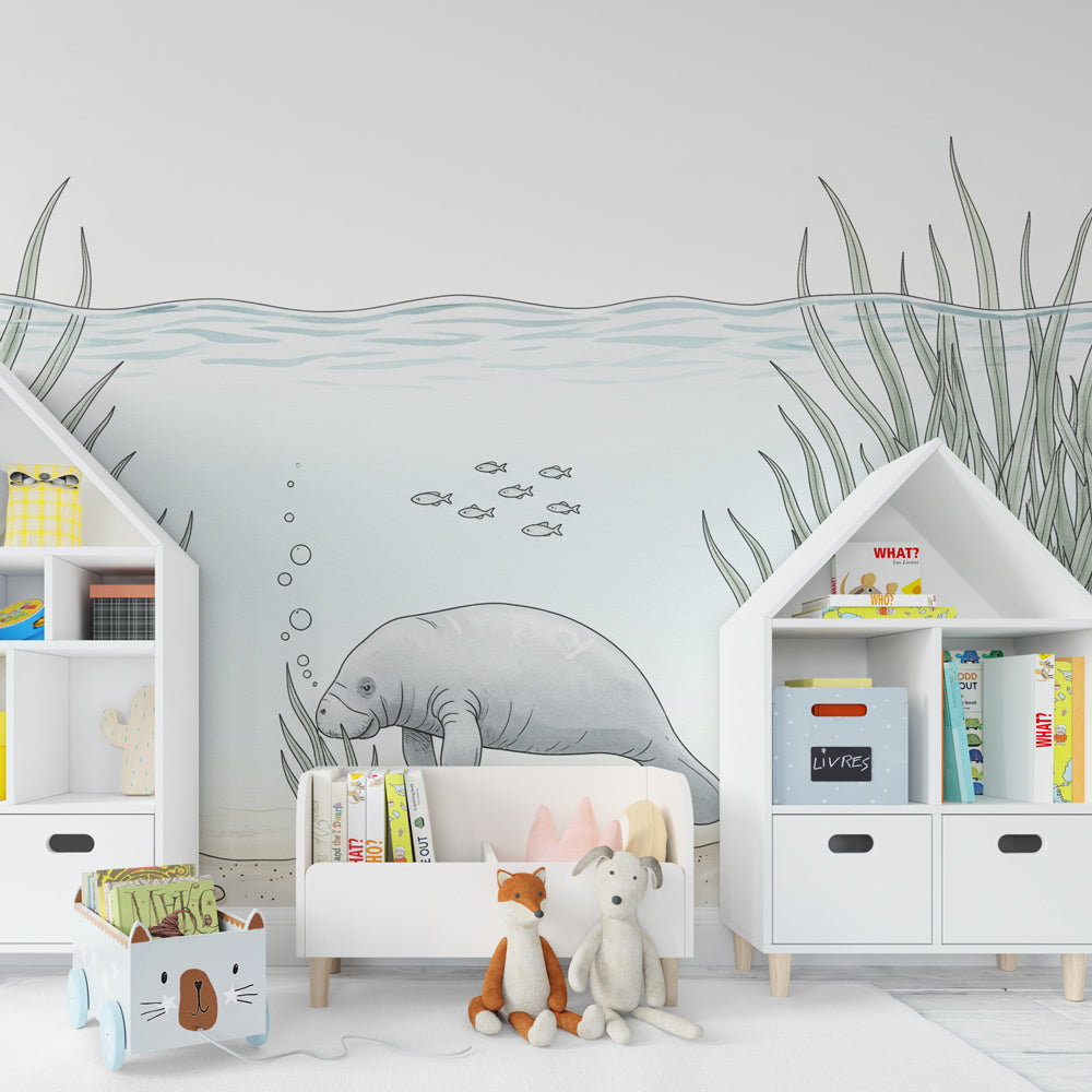 Kids-Mundo manatee ocean wall mural above a bed in a child's calm bedroom