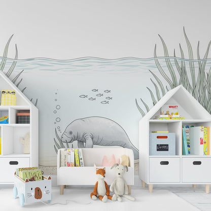 Kids-Mundo manatee ocean wall mural above a bed in a child's calm bedroom