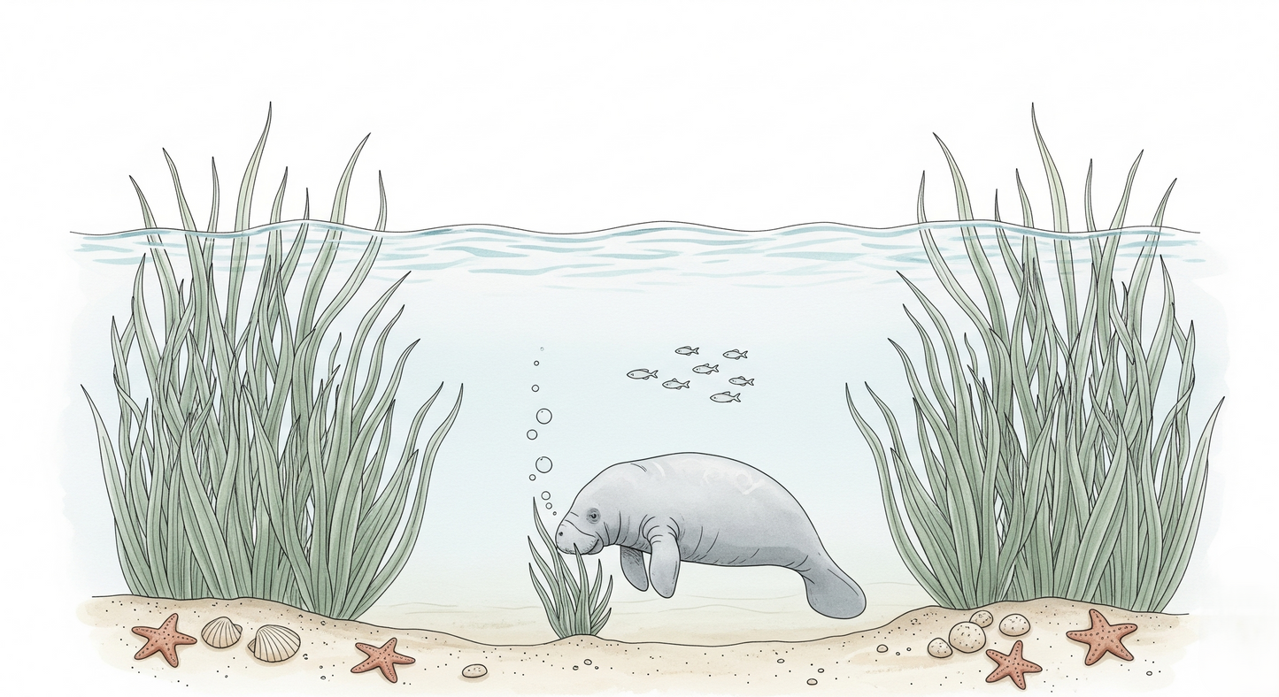 Kids-Mundo flat artwork of the manatee and seagrass ocean wall mural design