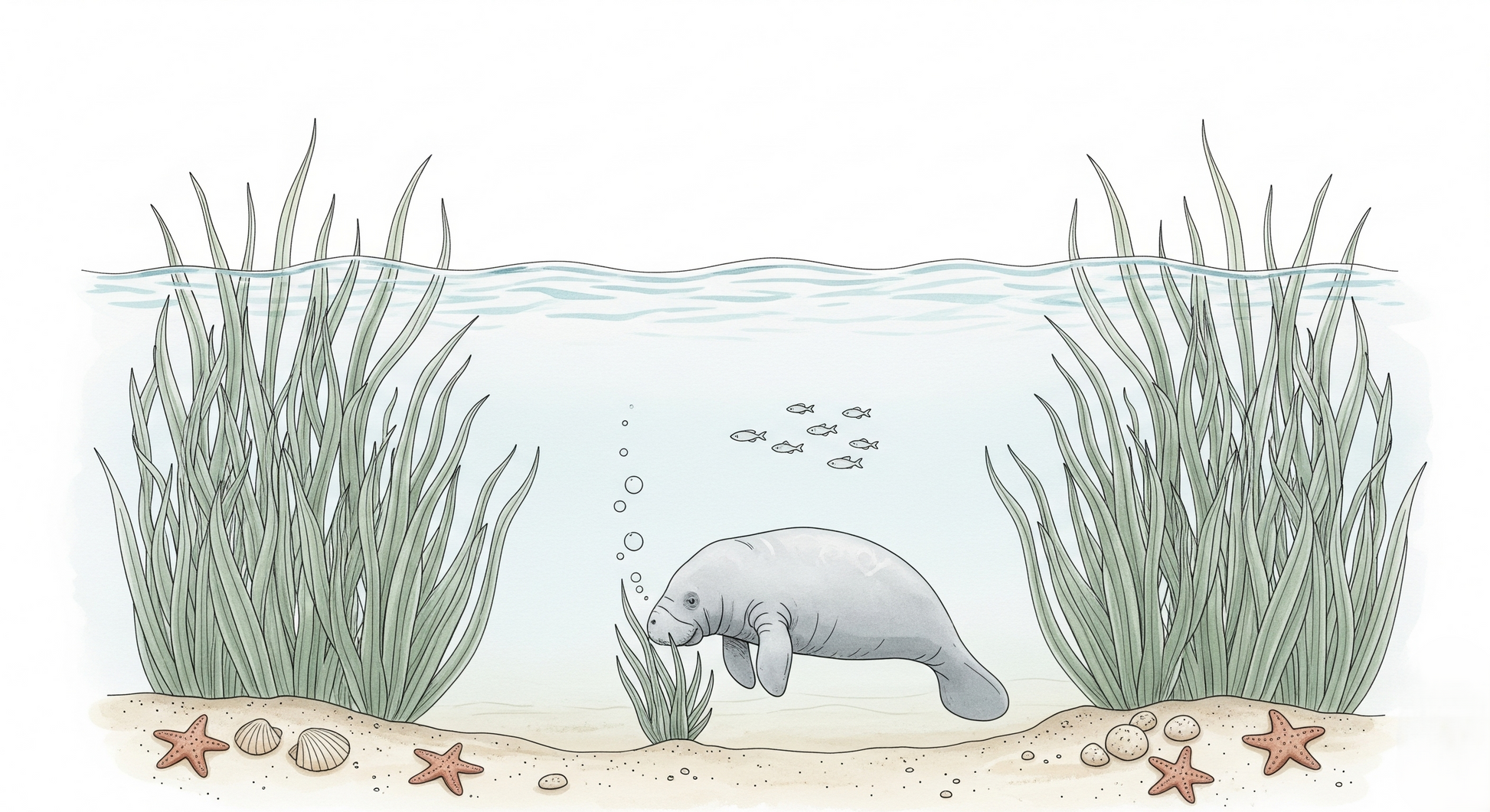 Kids-Mundo flat artwork of the manatee and seagrass ocean wall mural design