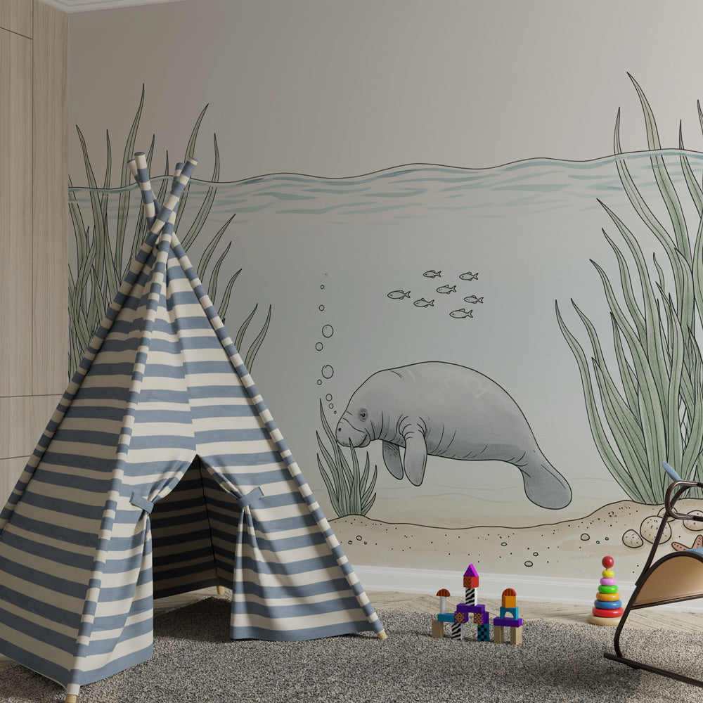 Kids-Mundo manatee and seagrass wall mural brightening a children's playroom