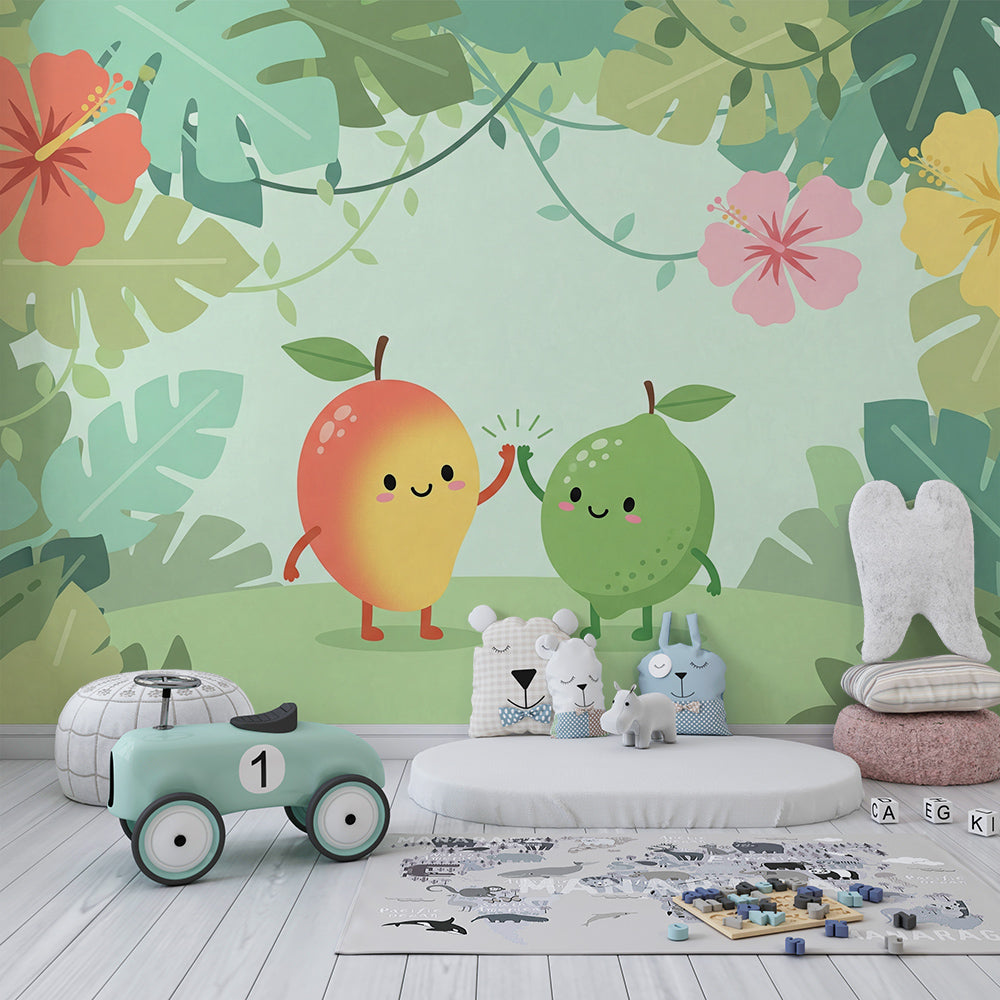 Kids-Mundo happy fruit wall mural covering a feature wall in a child's bedroom