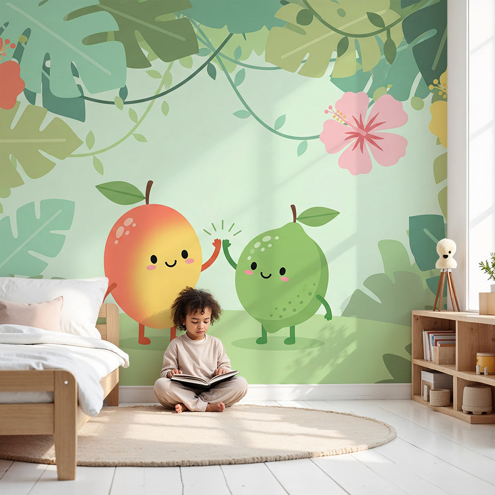 Kids-Mundo mango and lime tropical wall mural styled in a bright nursery room