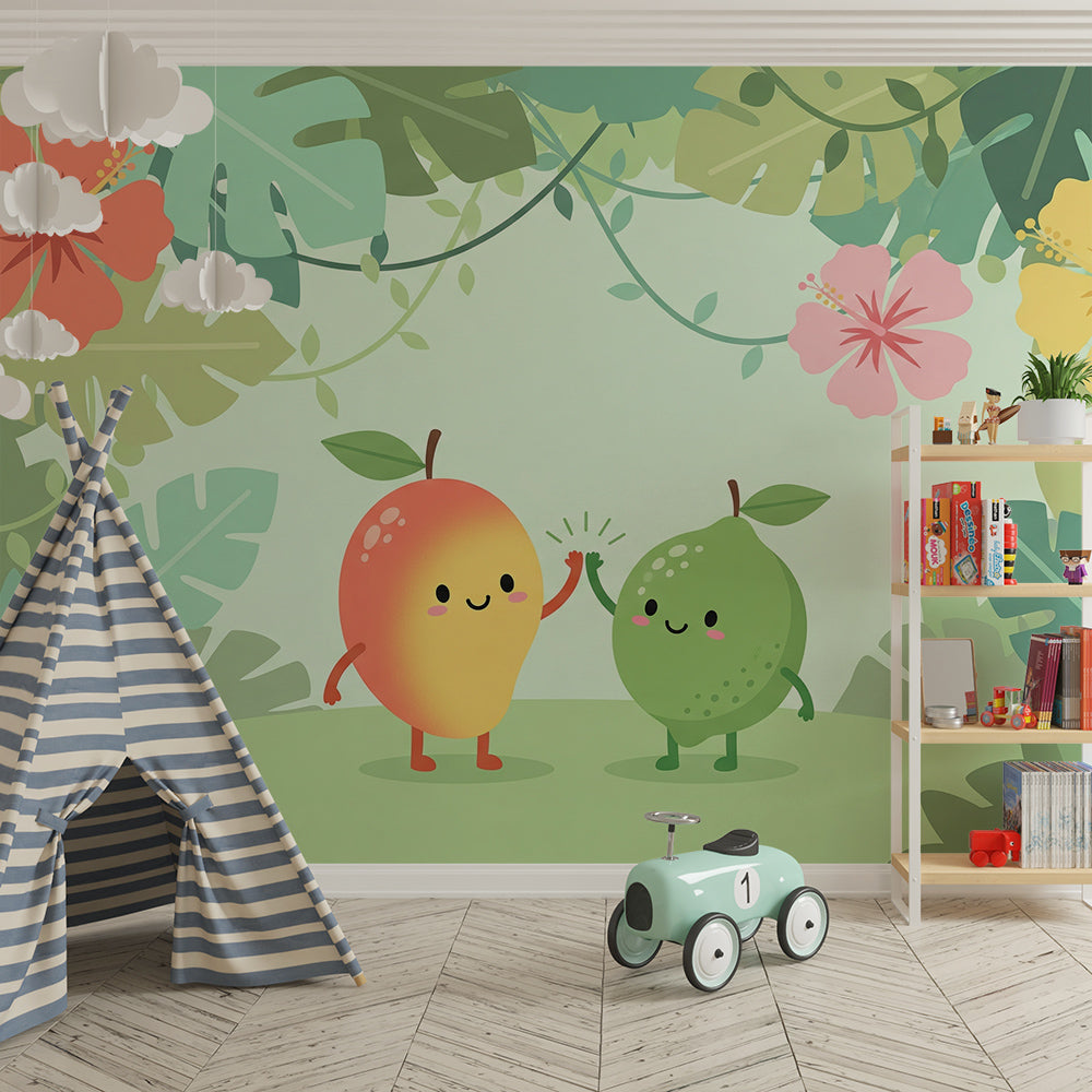 Kids-Mundo tropical fruit wall mural set behind toy storage in a playroom