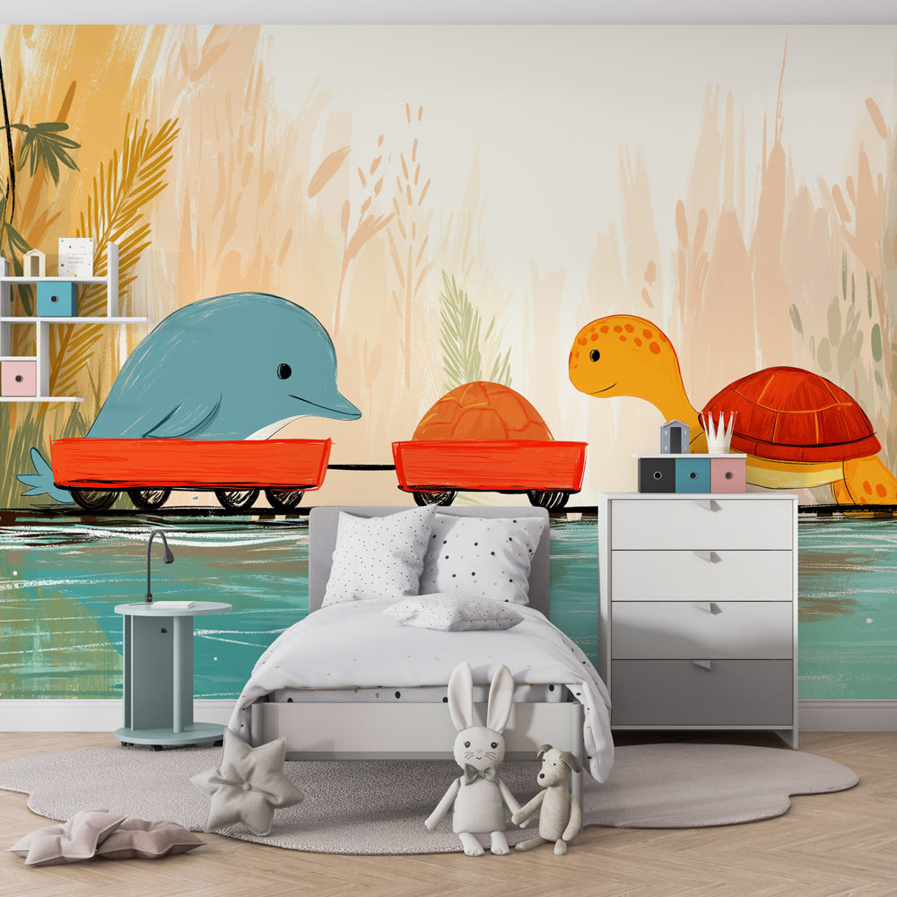 Colorful dolphin and turtle wallpaper transforming children's playroom into tropical paradise