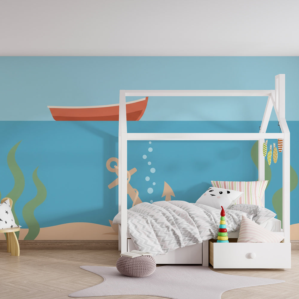 Nautical children's wallpaper featuring sailboat and underwater anchor in bright playroom