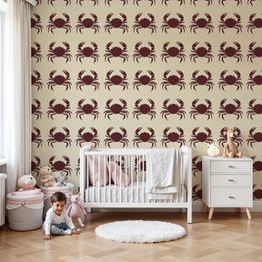 Marine crab mural wallpaper creating nautical nursery decor with burgundy crabs on beige background by Kids-Mundo