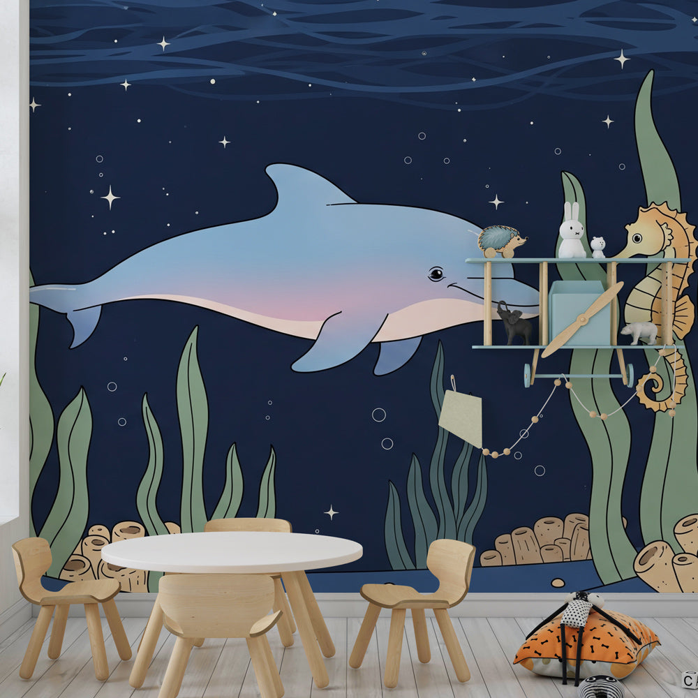 Marine life mural wallpaper transforming children's playroom into ocean paradise