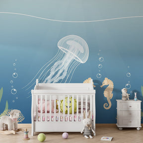 Marine themed mural wallpaper with coral and seaweed in modern toddler bedroom setting