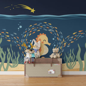 Colorful seahorse and fish mural wallpaper transforming children's playroom into underwater world