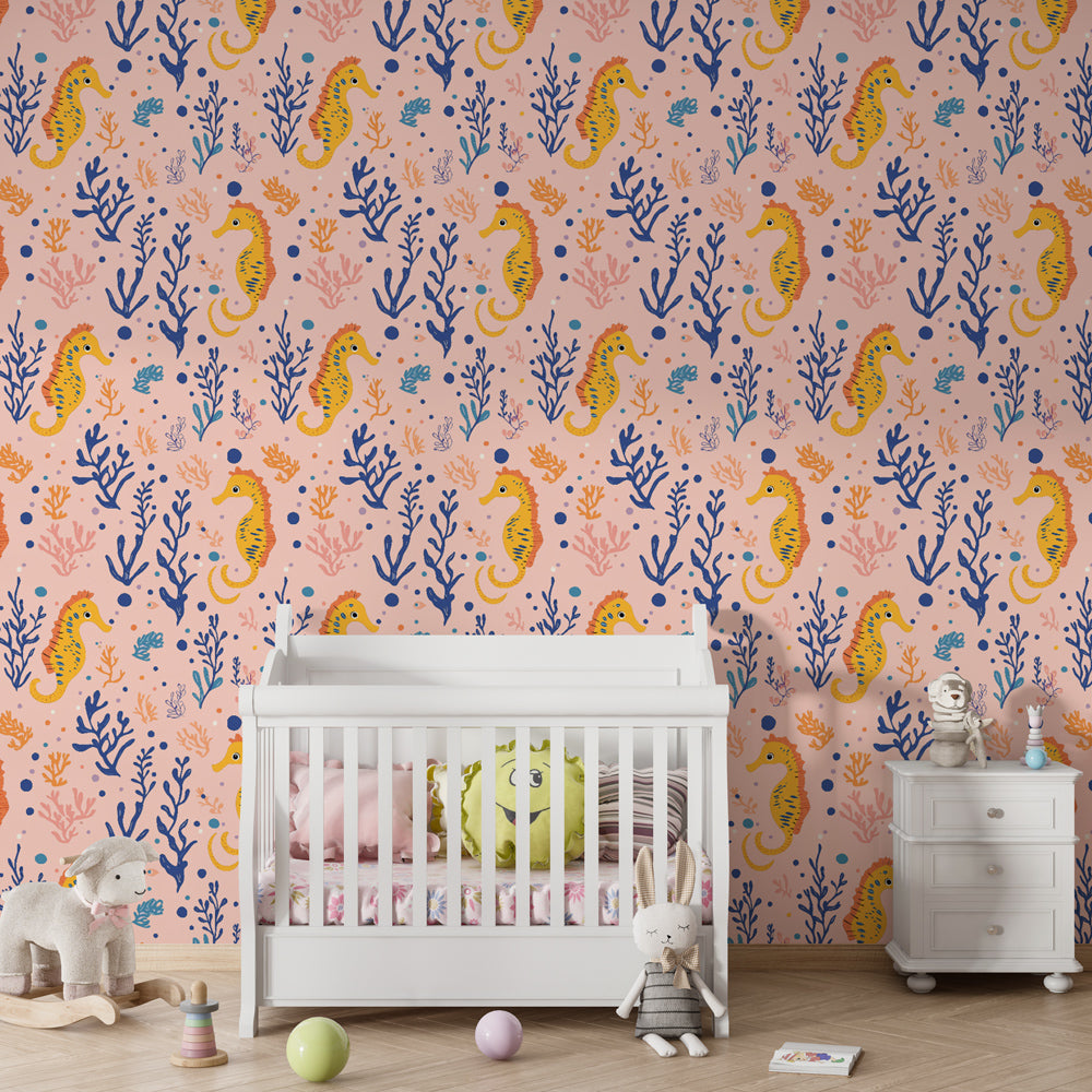 Seahorse and coral mural wallpaper transforming kids playroom into ocean adventure space
