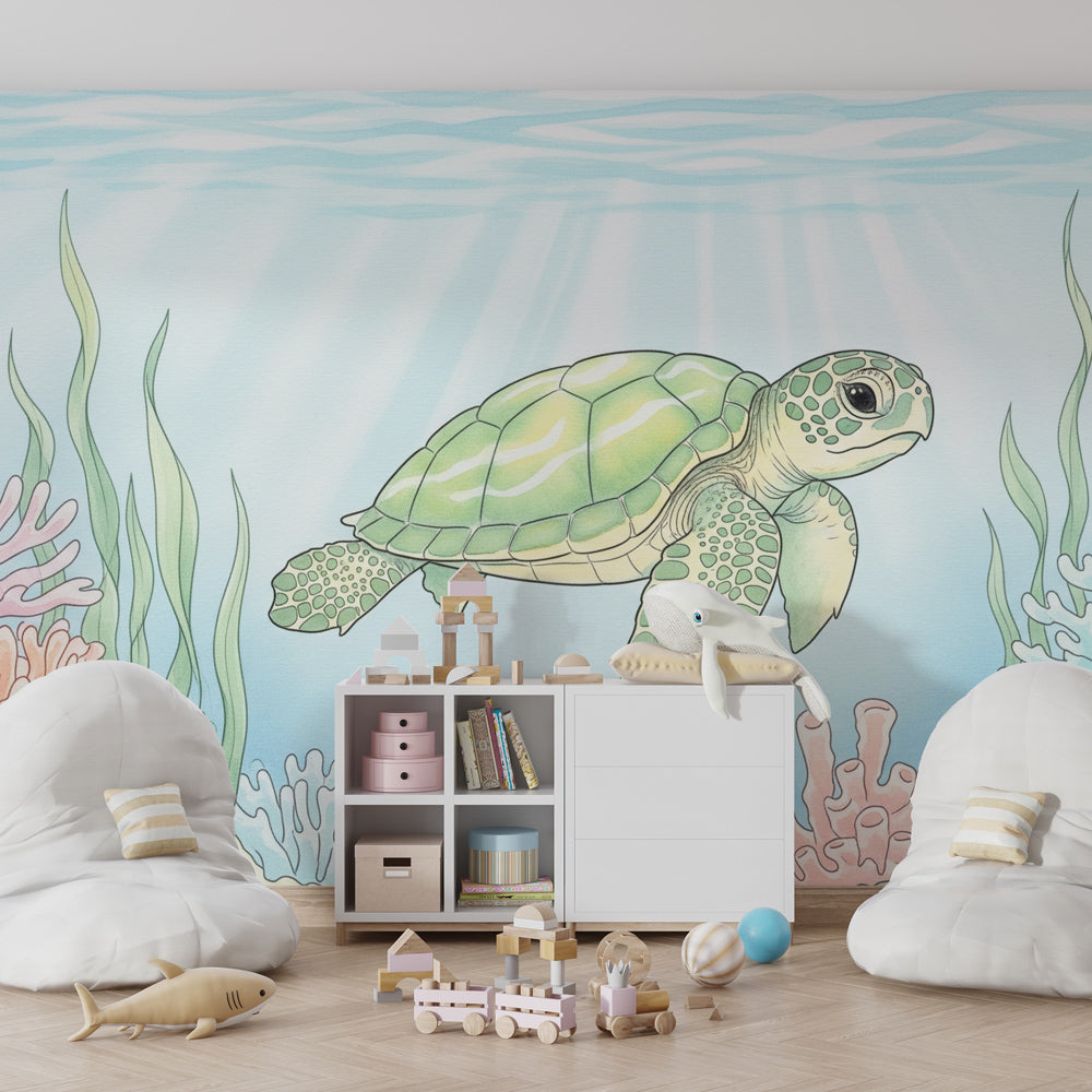 Sea turtle and coral mural wallpaper transforming children's room into ocean paradise