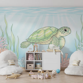 Sea turtle and coral mural wallpaper transforming children's room into ocean paradise