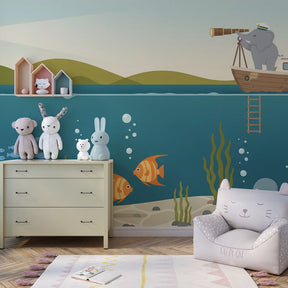 Maritime adventure wallpaper transforming children's playroom with underwater ocean scene