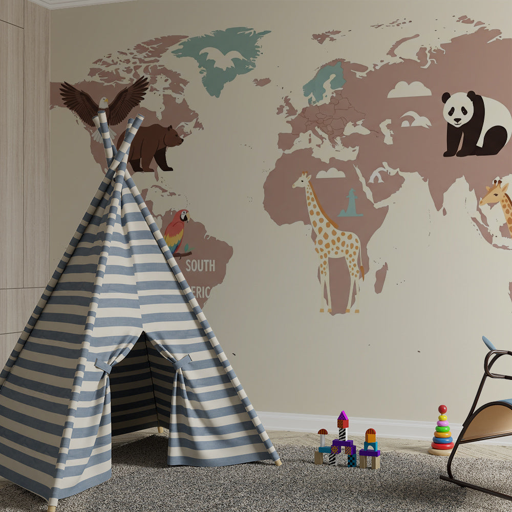 Kids-Mundo mauve world map wall mural with macaw and giraffe covering a wall in a kids' bedroom