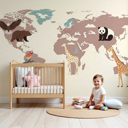 Kids-Mundo mauve world map wall mural with bear and eagle styled behind a cot in a calm nursery