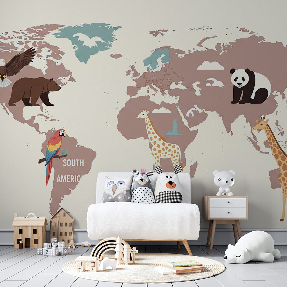 Kids-Mundo mauve world map wall mural bringing a panda and bear into a children's playroom