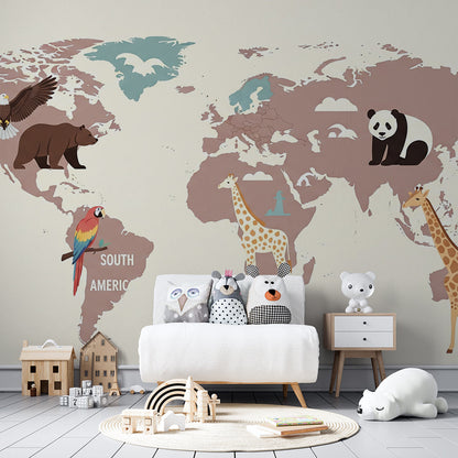Kids-Mundo mauve world map wall mural bringing a panda and bear into a children's playroom