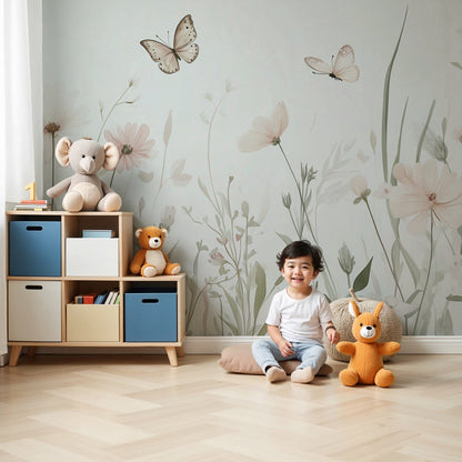 Kids-Mundo soft meadow wildflowers and butterflies wall mural in a bright nursery room