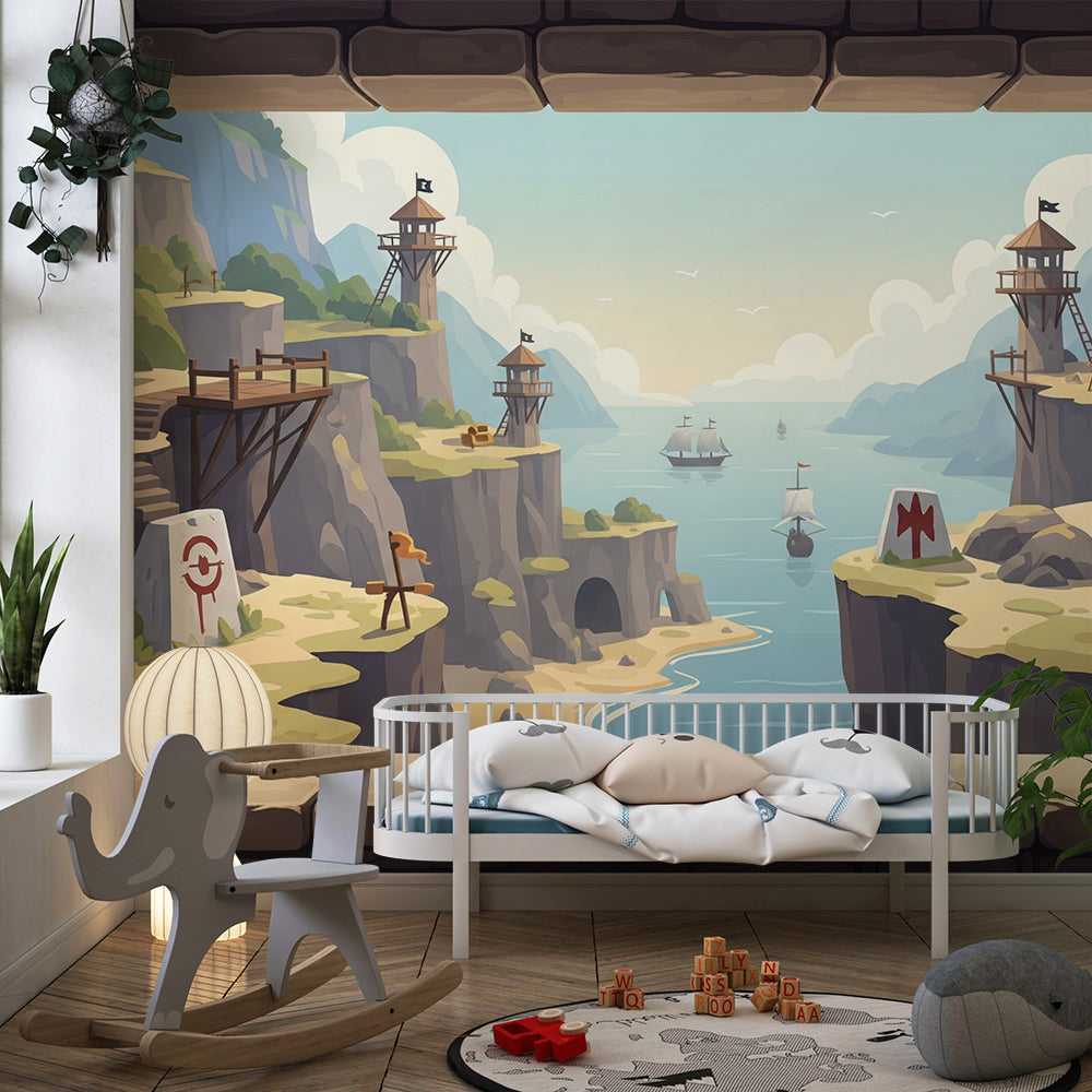 Kids-Mundo adventure bay wallpaper mural in a boy's bedroom, adding ships and clifftop towers.