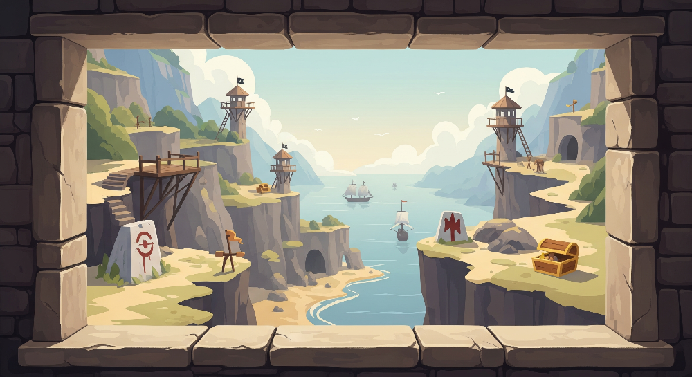 Kids-Mundo flat artwork of a stone window overlooking towers and ships used for this made-to-measure mural.