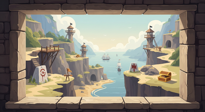 Kids-Mundo flat artwork of a stone window overlooking towers and ships used for this made-to-measure mural.