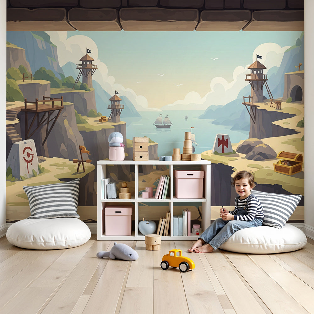 Kids-Mundo medieval adventure wall mural styled in a soft nursery with towers and ships.