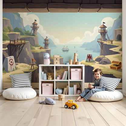 Kids-Mundo medieval adventure wall mural styled in a soft nursery with towers and ships.