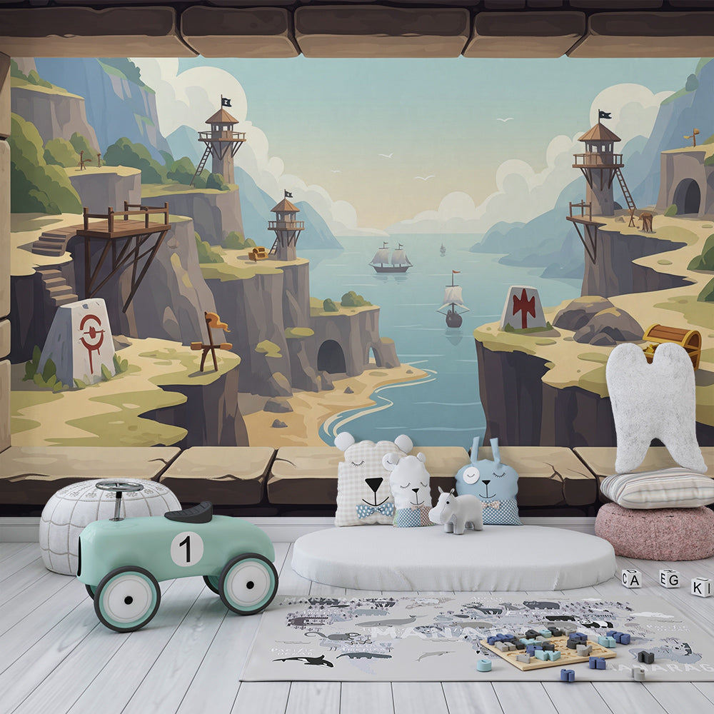 Kids-Mundo medieval bay wall mural bringing pirate ships and towers to a lively playroom.