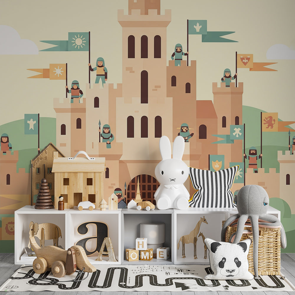 Kids-Mundo medieval castle wall mural in a kids' bedroom with knights and banners