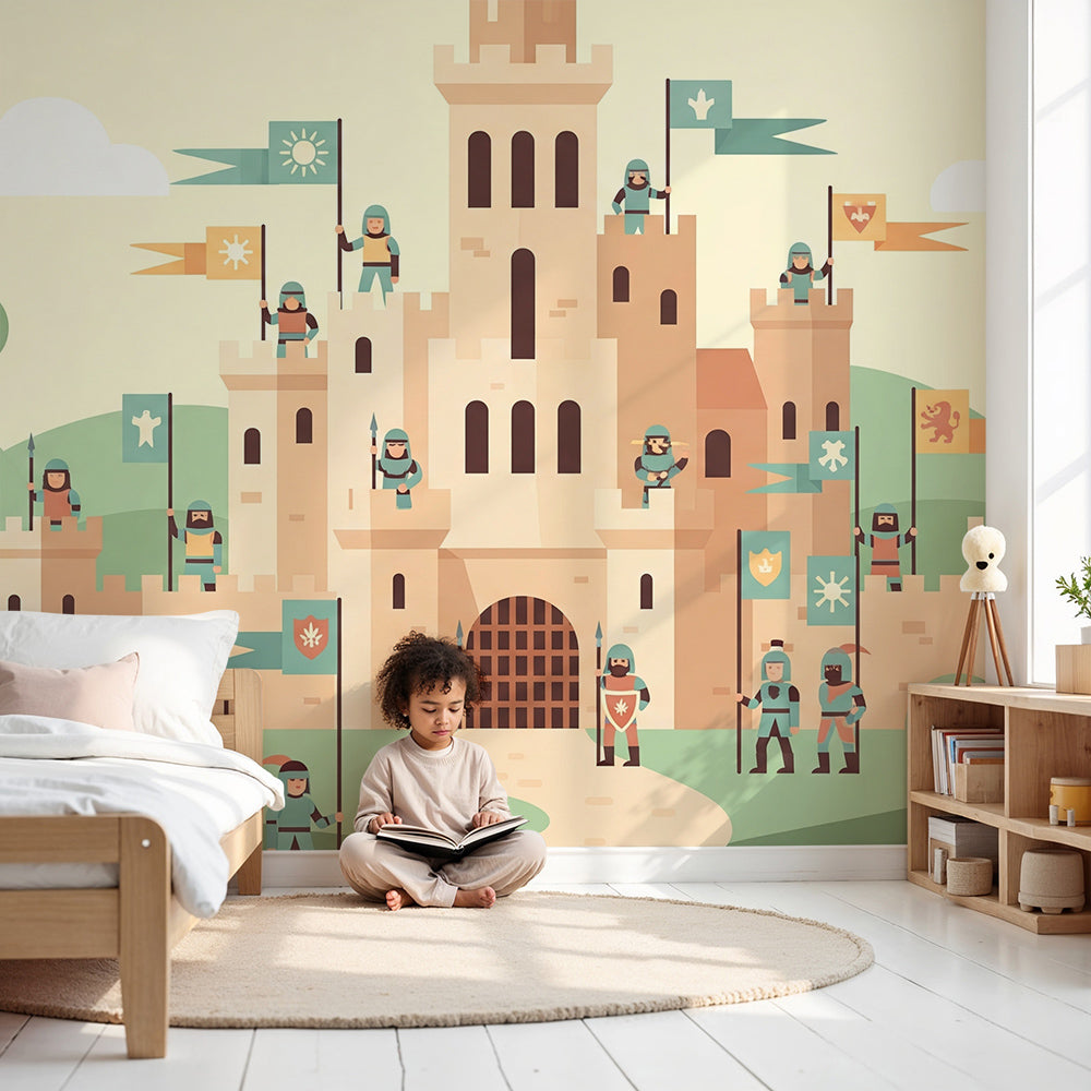 Kids-Mundo castle wall mural in a bright nursery with a cot and colourful knight banners