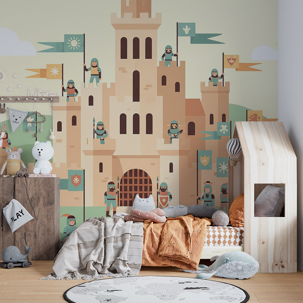 Kids-Mundo castle mural brightening a playroom wall with a fairytale knights scene